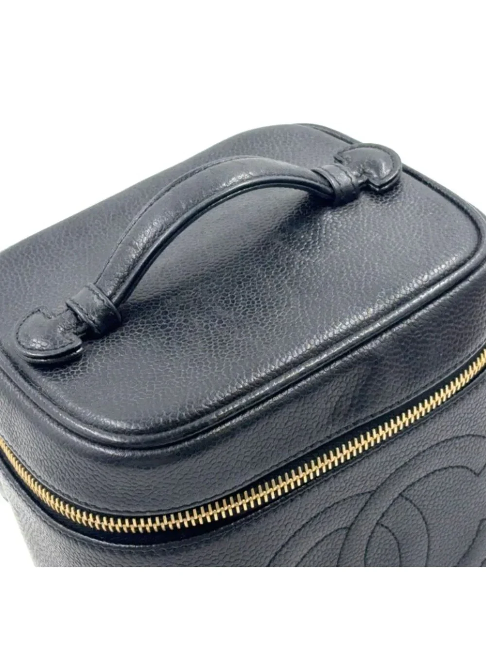 Chanel CC Logo Vanity Caviar Leather Black Pouch Gold